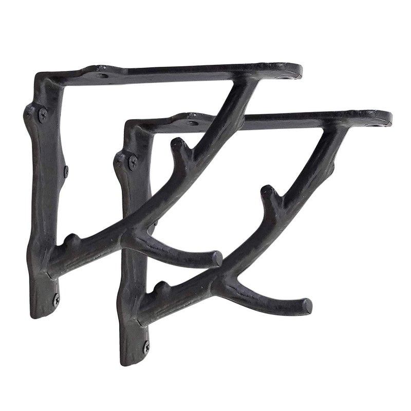 NACH Decorative Shelf Brackets, 2 Pack of 7 x 2 x 7.3 inch, Black Cast Iron Rustic Shelf Brackets - Metal Shelf Brackets for Wall - Tree Branch Shelf Bracket - Image 1